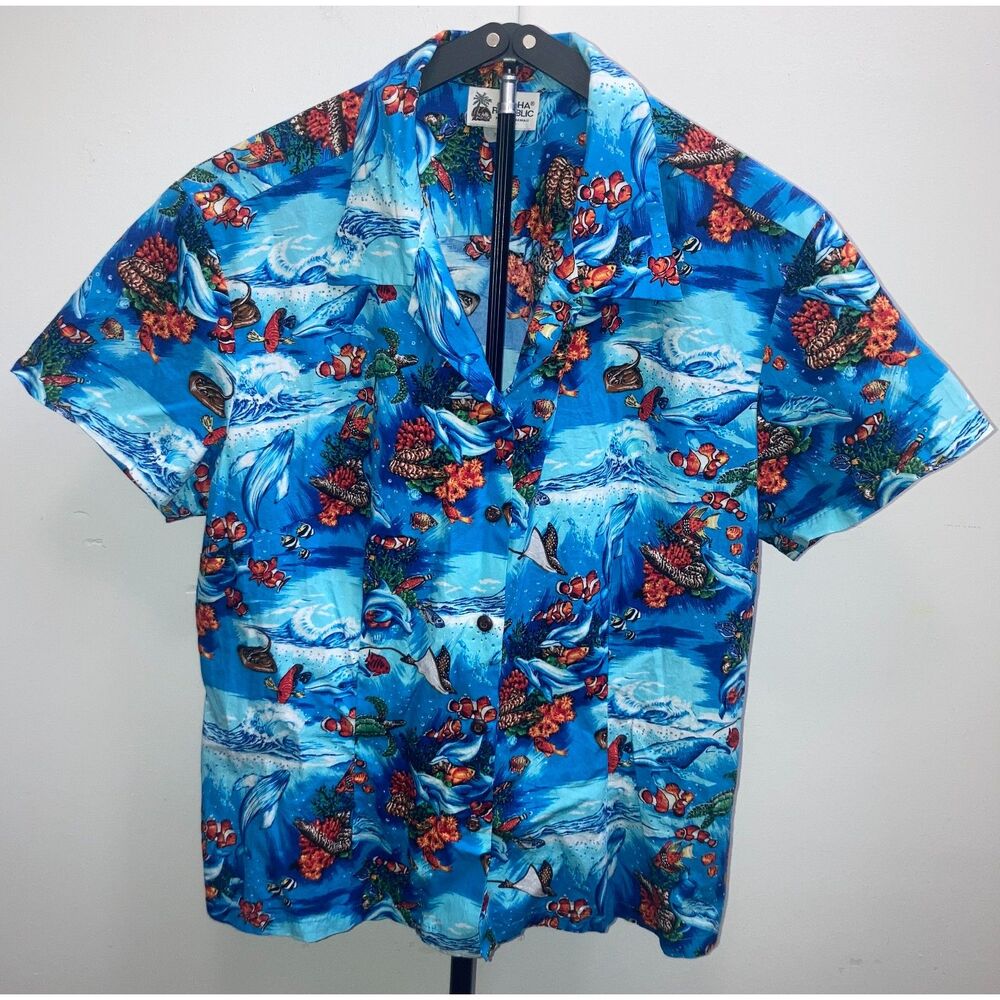 Vintage Aloha Republic Sea Turtle Ocean Life Coral Reef Hawaiian Shirt Womens XL